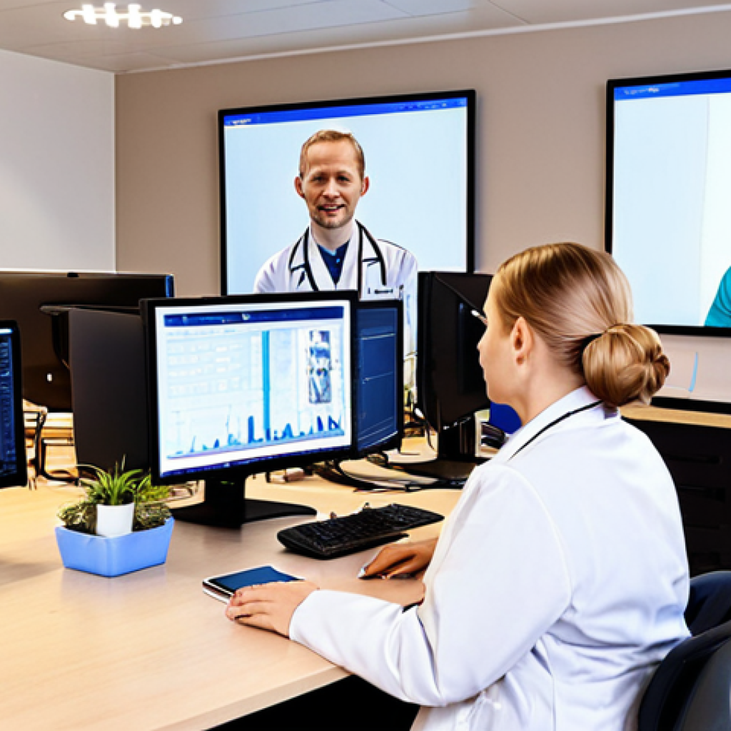 **Image Prompt:** A busy, modern Swedish healthcare office. A diverse team of *vårdadministratörer* (healthcare administrators) works efficiently at their computers, surrounded by digital screens displaying patient information. In the background, patients are interacting with the staff, creating a sense of organized care and digital integration. The overall atmosphere should be bright, professional, and convey competence.