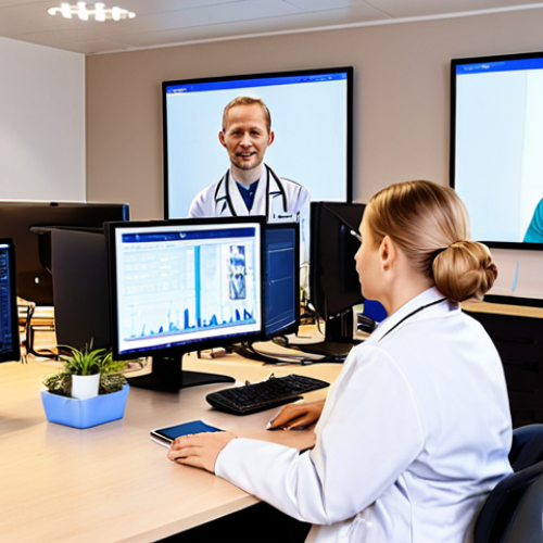 Home 15 **Image Prompt:** A busy, modern Swedish healthcare office. A diverse team of *vårdadministratörer* (healthcare administrators) works efficiently at their computers, surrounded by digital screens displaying patient information. In the background, patients are interacting with the staff, creating a sense of organized care and digital integration. The overall atmosphere should be bright, professional, and convey competence.