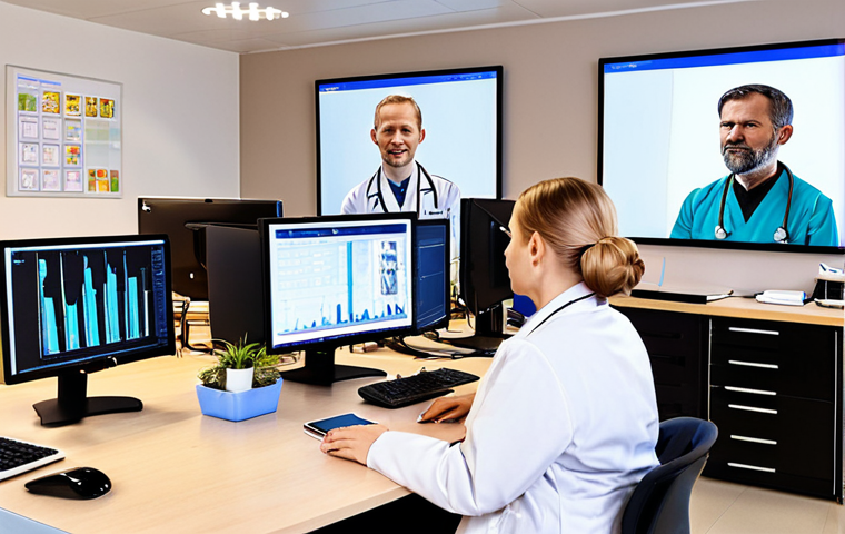 **Image Prompt:** A busy, modern Swedish healthcare office. A diverse team of *vårdadministratörer* (healthcare administrators) works efficiently at their computers, surrounded by digital screens displaying patient information. In the background, patients are interacting with the staff, creating a sense of organized care and digital integration. The overall atmosphere should be bright, professional, and convey competence.