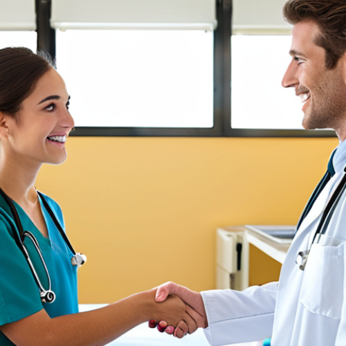 Home 14 **
A young healthcare professional confidently shaking hands with a mentor or senior colleague in a bright, modern hospital setting. Focus on conveying a sense of optimism, networking, and professional growth. Include elements that suggest continuous learning and skill development.
**