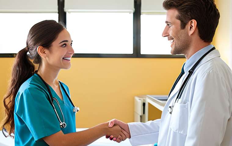 **

A young healthcare professional confidently shaking hands with a mentor or senior colleague in a bright, modern hospital setting. Focus on conveying a sense of optimism, networking, and professional growth. Include elements that suggest continuous learning and skill development.

**